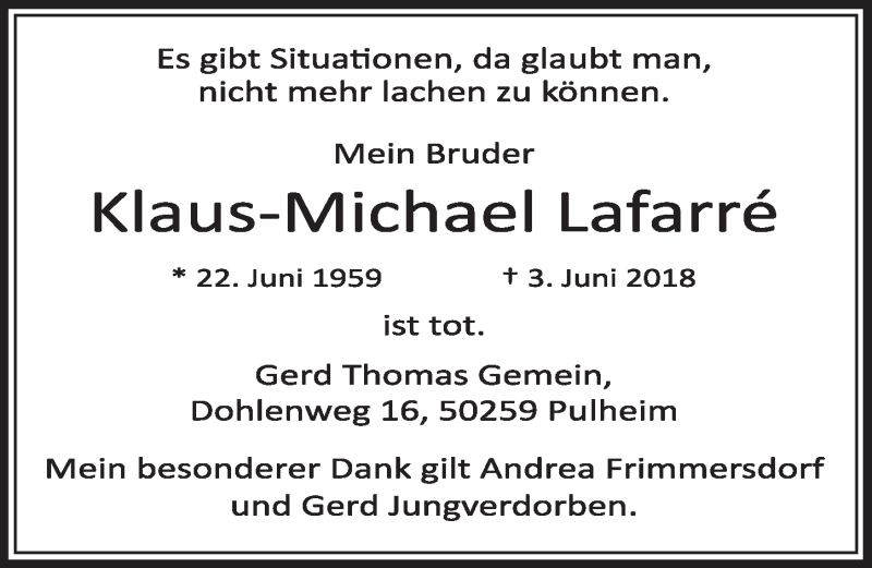  Traueranzeige für Klaus-Michael Lafarré vom 09.06.2018 aus  Sonntags-Post 