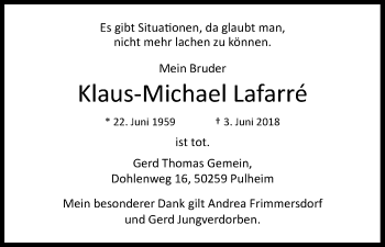 Anzeige von Klaus-Michael Lafarré von Kölner Stadt-Anzeiger / Kölnische Rundschau / Express
