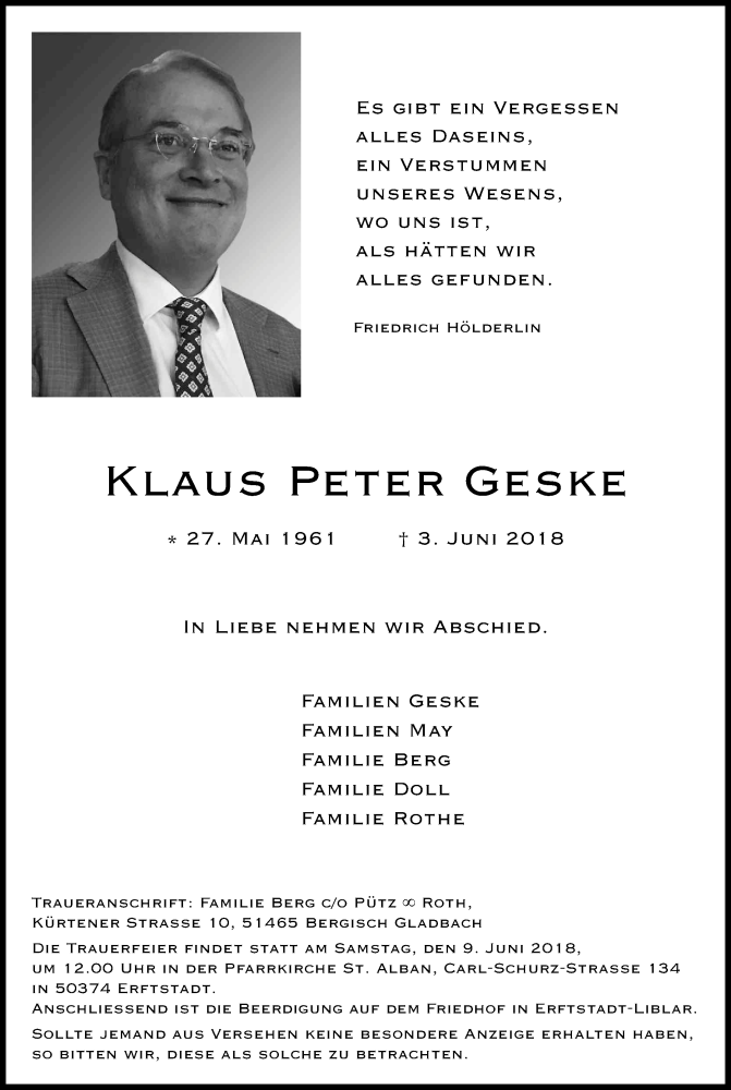  Traueranzeige für Klaus Peter Geske vom 06.06.2018 aus Kölner Stadt-Anzeiger / Kölnische Rundschau / Express
