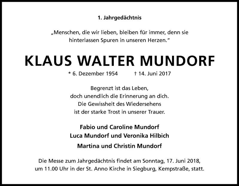  Traueranzeige für Klaus Walter Mundorf vom 14.06.2018 aus Kölner Stadt-Anzeiger / Kölnische Rundschau / Express