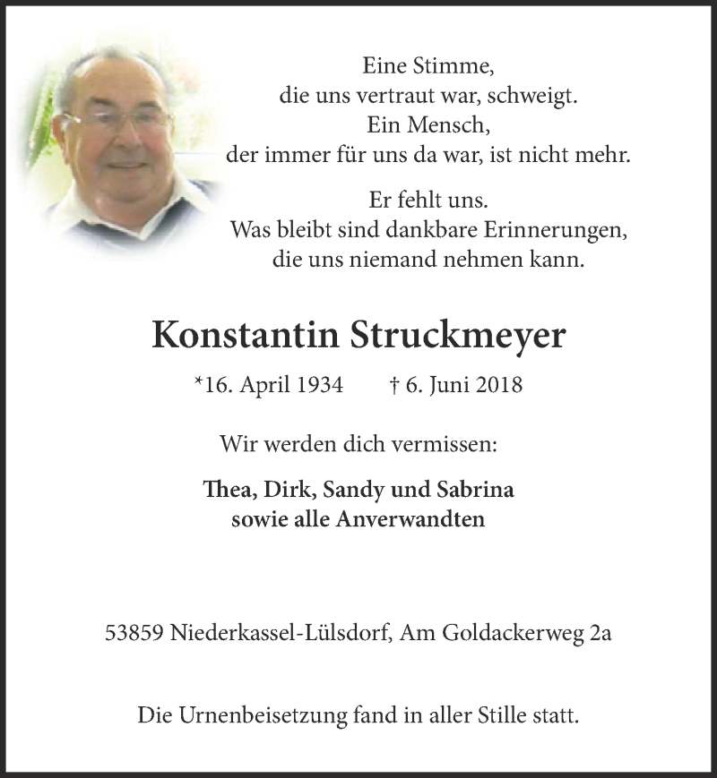  Traueranzeige für Konstantin Struckmeyer vom 13.06.2018 aus  Kölner Wochenspiegel 