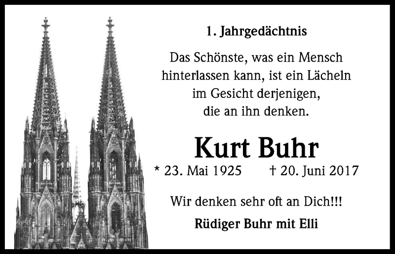  Traueranzeige für Kurt Buhr vom 20.06.2018 aus Kölner Stadt-Anzeiger / Kölnische Rundschau / Express