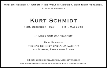 Anzeige von Kurt Schmidt von Kölner Stadt-Anzeiger / Kölnische Rundschau / Express