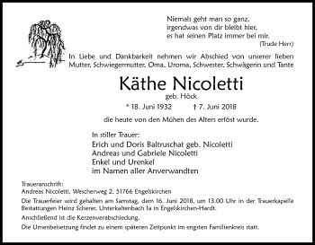 Anzeige von Käthe Nicoletti von Kölner Stadt-Anzeiger / Kölnische Rundschau / Express