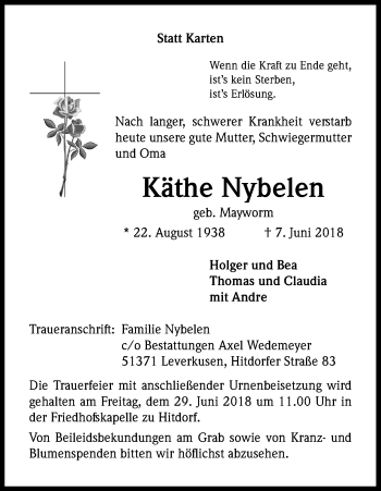 Anzeige von Käthe Nybelen von Kölner Stadt-Anzeiger / Kölnische Rundschau / Express