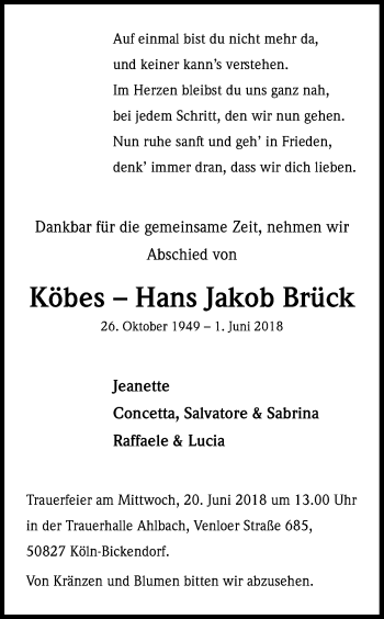 Anzeige von Köbes–Hans Jakob Brück von Kölner Stadt-Anzeiger / Kölnische Rundschau / Express