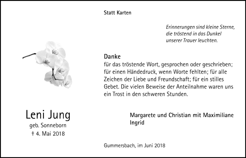  Traueranzeige für Leni Jung vom 27.06.2018 aus  Anzeigen Echo 