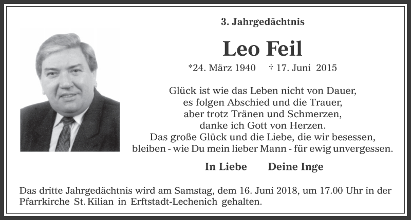  Traueranzeige für Leo Feil vom 18.07.2023 aus  Werbepost 