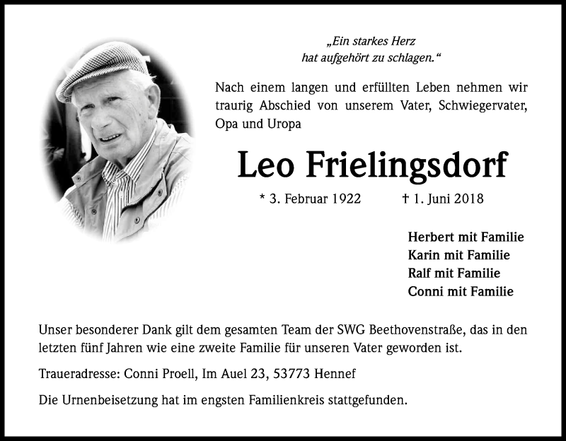  Traueranzeige für Leo Frielingsdorf vom 23.06.2018 aus Kölner Stadt-Anzeiger / Kölnische Rundschau / Express