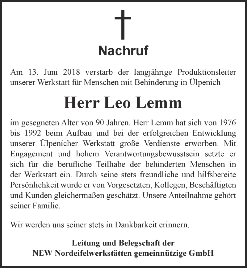  Traueranzeige für Leo Lemm vom 23.06.2018 aus  Blickpunkt Euskirchen 