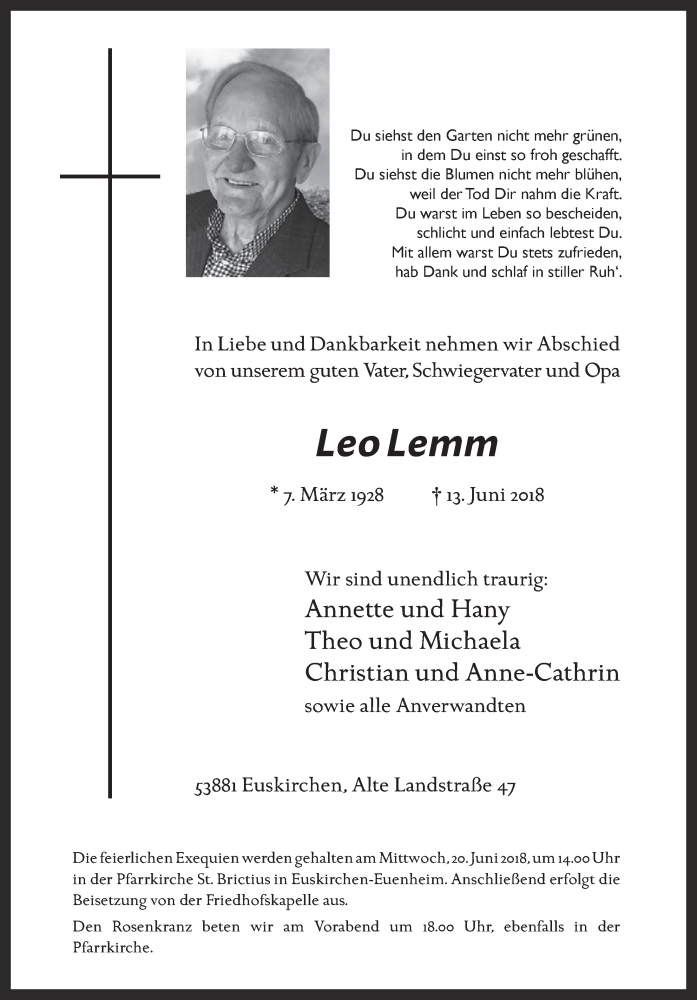  Traueranzeige für Leo Lemm vom 16.06.2018 aus  Blickpunkt Euskirchen 