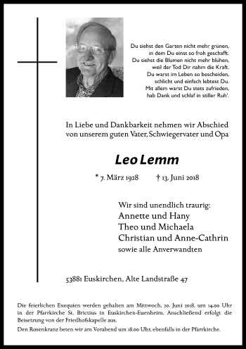 Anzeige von Leo Lemm von Kölner Stadt-Anzeiger / Kölnische Rundschau / Express