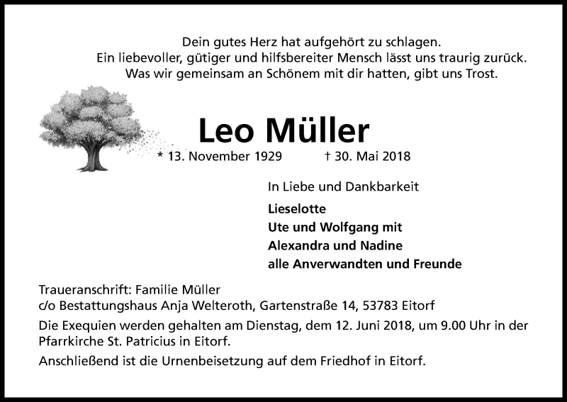  Traueranzeige für Leo Müller vom 02.06.2018 aus Kölner Stadt-Anzeiger / Kölnische Rundschau / Express