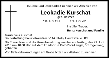 Anzeige von Leokadie Kurschat von Kölner Stadt-Anzeiger / Kölnische Rundschau / Express