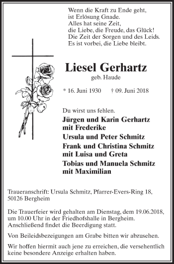 Anzeige von Liesel Gerhartz von  Sonntags-Post 