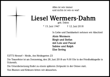 Anzeige von Liesel Wermers-Dahm von Kölner Stadt-Anzeiger / Kölnische Rundschau / Express