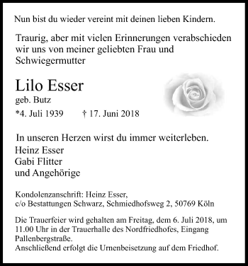 Anzeige von Lilo Esser von Kölner Stadt-Anzeiger / Kölnische Rundschau / Express