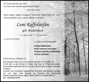 Anzeige von Loni Raffelsiefen von Kölner Stadt-Anzeiger / Kölnische Rundschau / Express