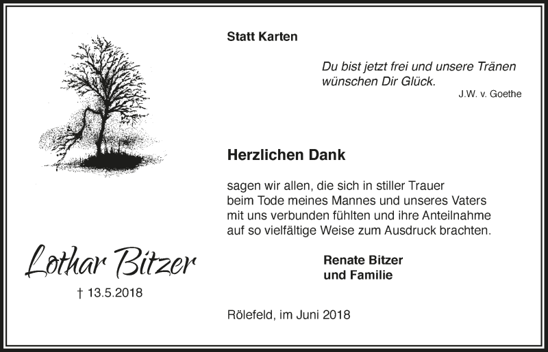  Traueranzeige für Lothar Bitzer vom 27.06.2018 aus  Lokalanzeiger 
