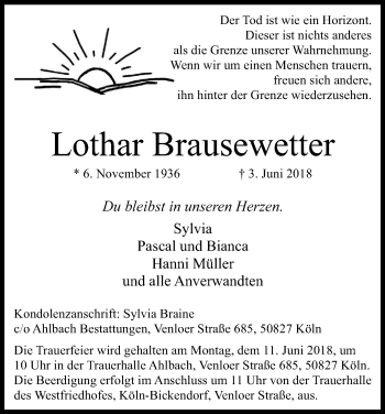Anzeige von Lothar Brausewetter von Kölner Stadt-Anzeiger / Kölnische Rundschau / Express