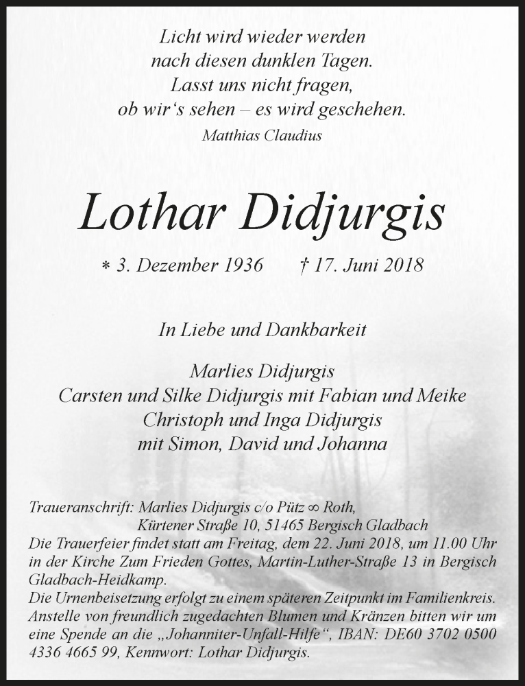  Traueranzeige für Lothar Didjurgis vom 20.06.2018 aus  Bergisches Handelsblatt 