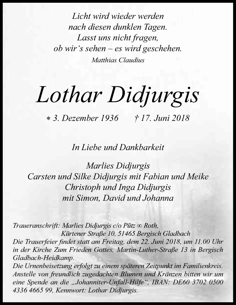  Traueranzeige für Lothar Didjurgis vom 20.06.2018 aus Kölner Stadt-Anzeiger / Kölnische Rundschau / Express