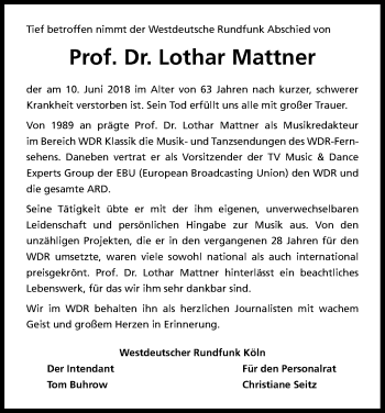 Anzeige von Lothar Mattner von Kölner Stadt-Anzeiger / Kölnische Rundschau / Express