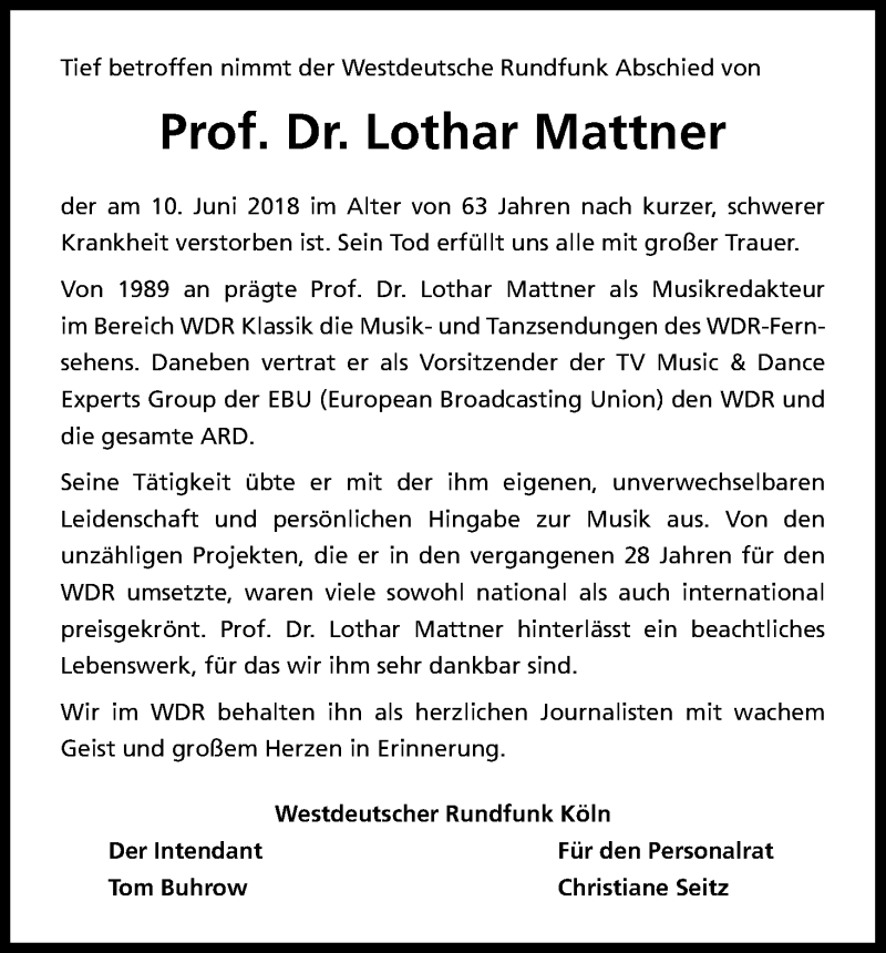  Traueranzeige für Lothar Mattner vom 16.06.2018 aus Kölner Stadt-Anzeiger / Kölnische Rundschau / Express