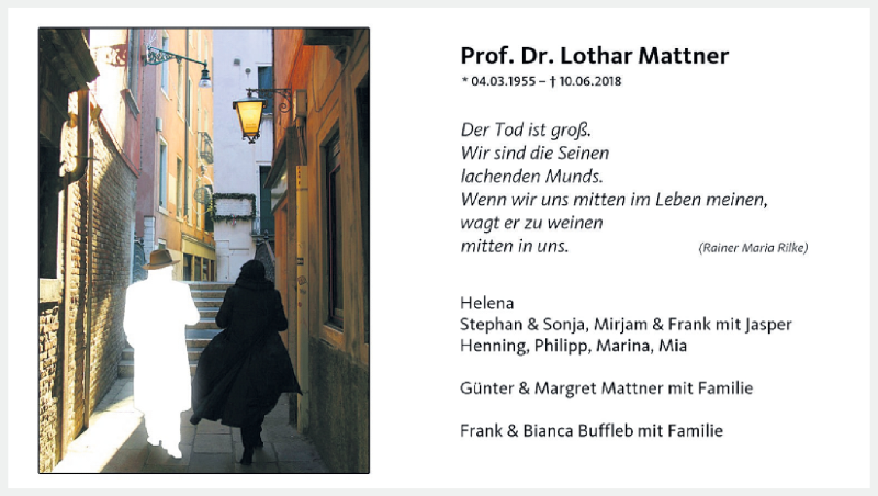  Traueranzeige für Lothar Mattner vom 20.06.2018 aus  Schlossbote/Werbekurier 