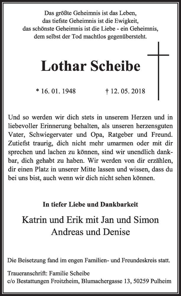  Traueranzeige für Lothar Scheibe vom 16.06.2018 aus  Sonntags-Post 