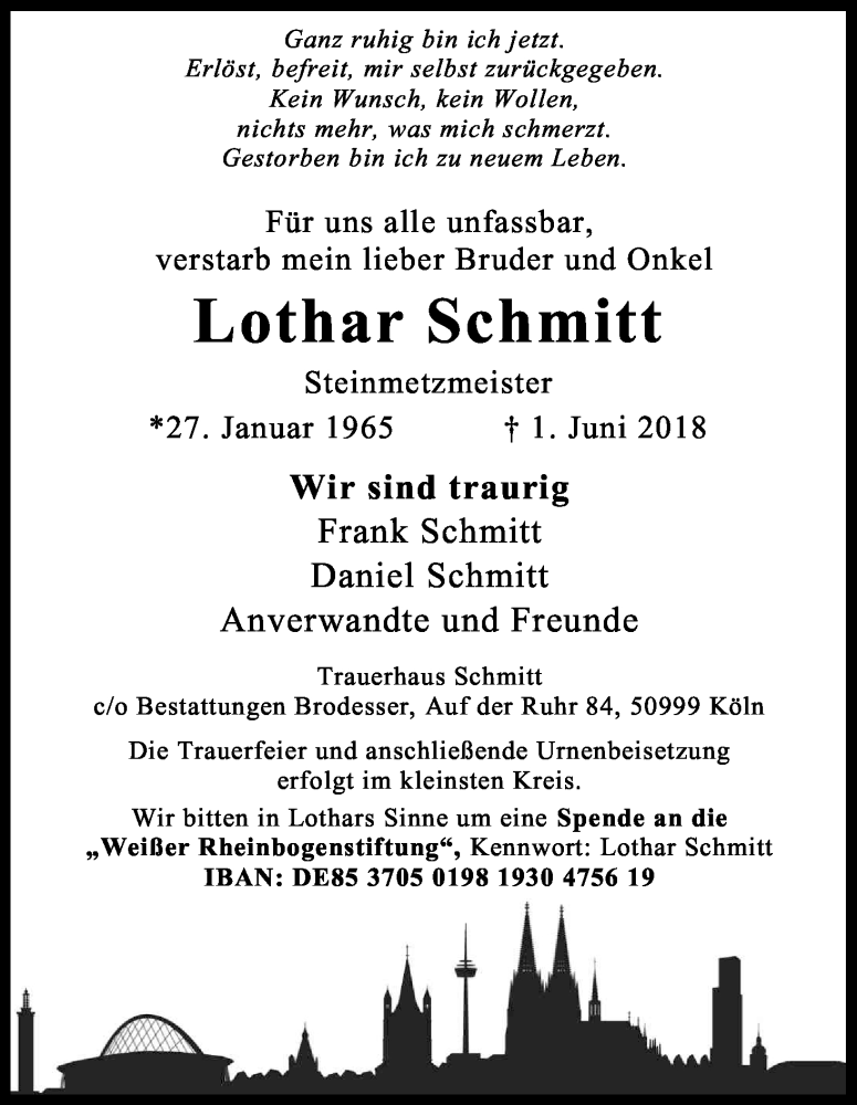  Traueranzeige für Lothar Schmitt vom 16.06.2018 aus Kölner Stadt-Anzeiger / Kölnische Rundschau / Express