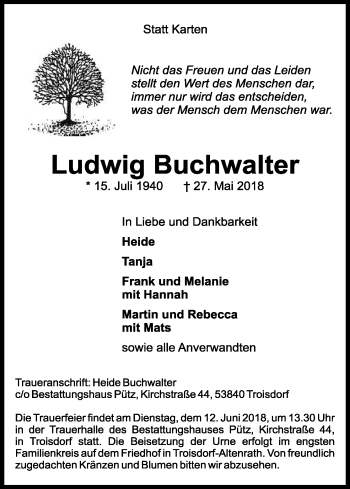 Anzeige von Ludwig Buchwalter von Kölner Stadt-Anzeiger / Kölnische Rundschau / Express