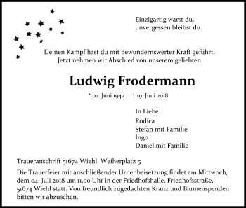 Anzeige von Ludwig Frodermann von Kölner Stadt-Anzeiger / Kölnische Rundschau / Express