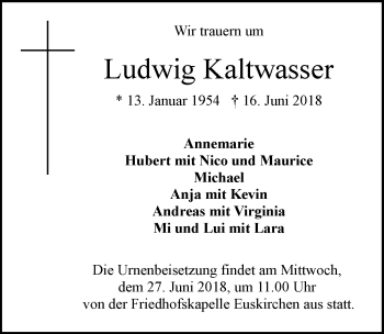 Anzeige von Ludwig Kaltwasser von  Blickpunkt Euskirchen 