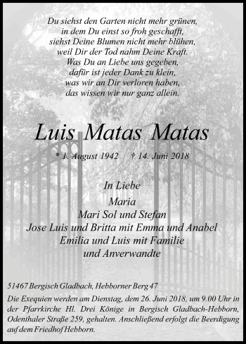 Anzeige von Luis Matas Matas von Kölner Stadt-Anzeiger / Kölnische Rundschau / Express