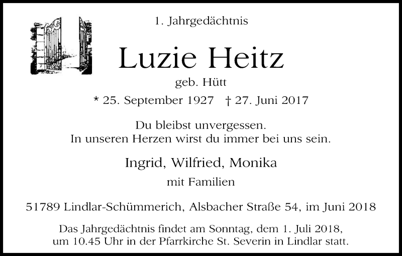  Traueranzeige für Luzie Heitz vom 30.06.2018 aus Kölner Stadt-Anzeiger / Kölnische Rundschau / Express