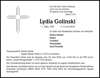 Anzeige von Lydia Golinski von Kölner Stadt-Anzeiger / Kölnische Rundschau / Express