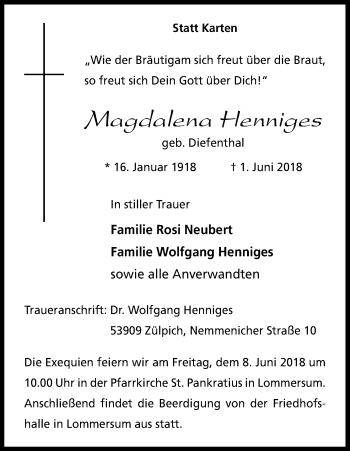Anzeige von Magdalena Henniges von Kölner Stadt-Anzeiger / Kölnische Rundschau / Express