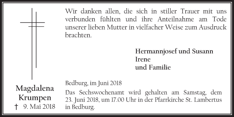  Traueranzeige für Magdalena Krumpen vom 20.06.2018 aus  Werbepost 