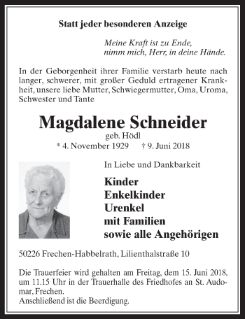 Anzeige von Magdalene Schneider von  Wochenende 