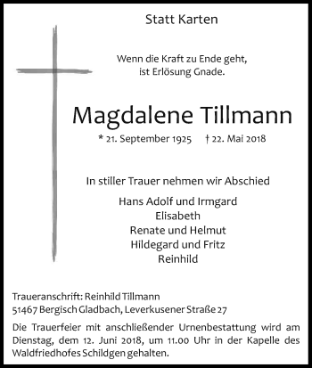Anzeige von Magdalene Tillmann von Kölner Stadt-Anzeiger / Kölnische Rundschau / Express