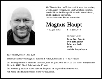 Anzeige von Magnus Haupt von Kölner Stadt-Anzeiger / Kölnische Rundschau / Express