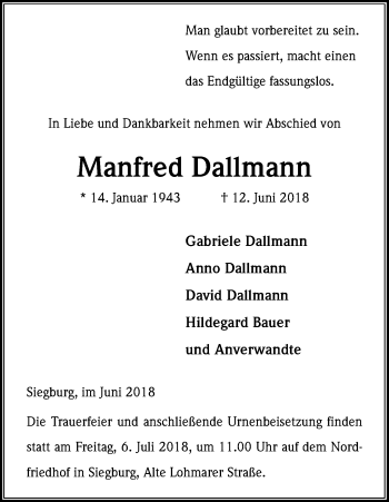 Anzeige von Manfred Dallmann von Kölner Stadt-Anzeiger / Kölnische Rundschau / Express