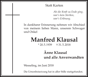 Anzeige von Manfred Klausal von  Schlossbote/Werbekurier 