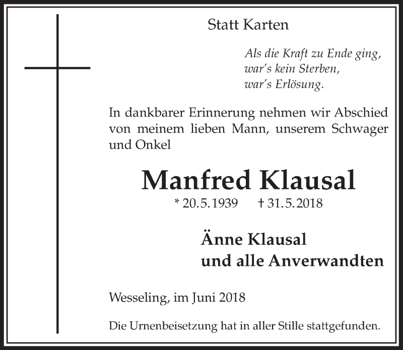  Traueranzeige für Manfred Klausal vom 27.06.2018 aus  Schlossbote/Werbekurier 
