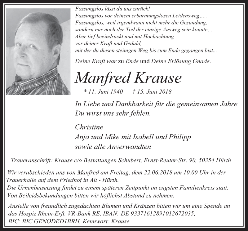  Traueranzeige für Manfred Krause vom 20.06.2018 aus  Wochenende 