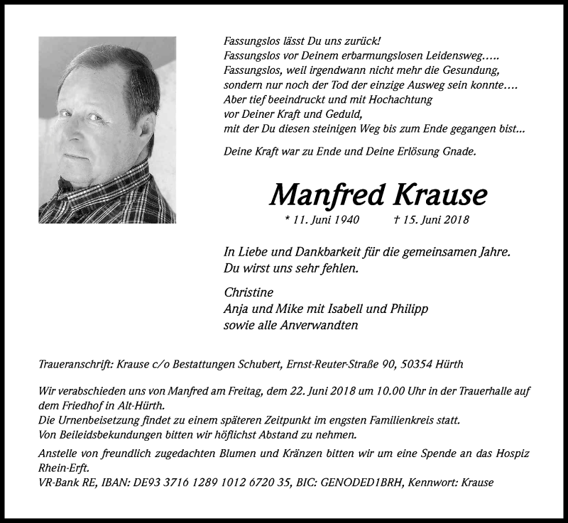  Traueranzeige für Manfred Krause vom 20.06.2018 aus Kölner Stadt-Anzeiger / Kölnische Rundschau / Express