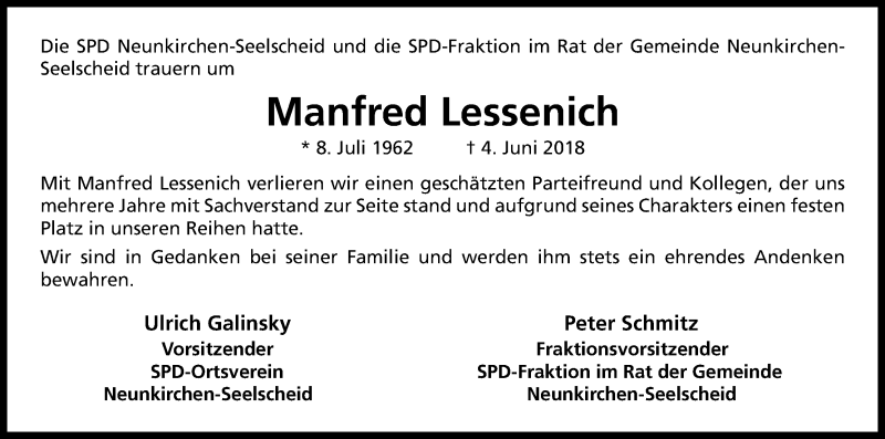  Traueranzeige für Manfred Lessenich vom 13.06.2018 aus Kölner Stadt-Anzeiger / Kölnische Rundschau / Express