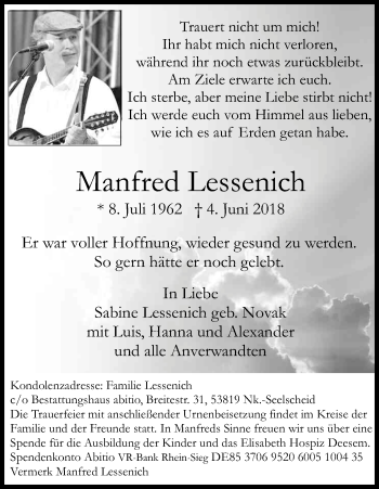 Anzeige von Manfred Lessenich von Kölner Stadt-Anzeiger / Kölnische Rundschau / Express