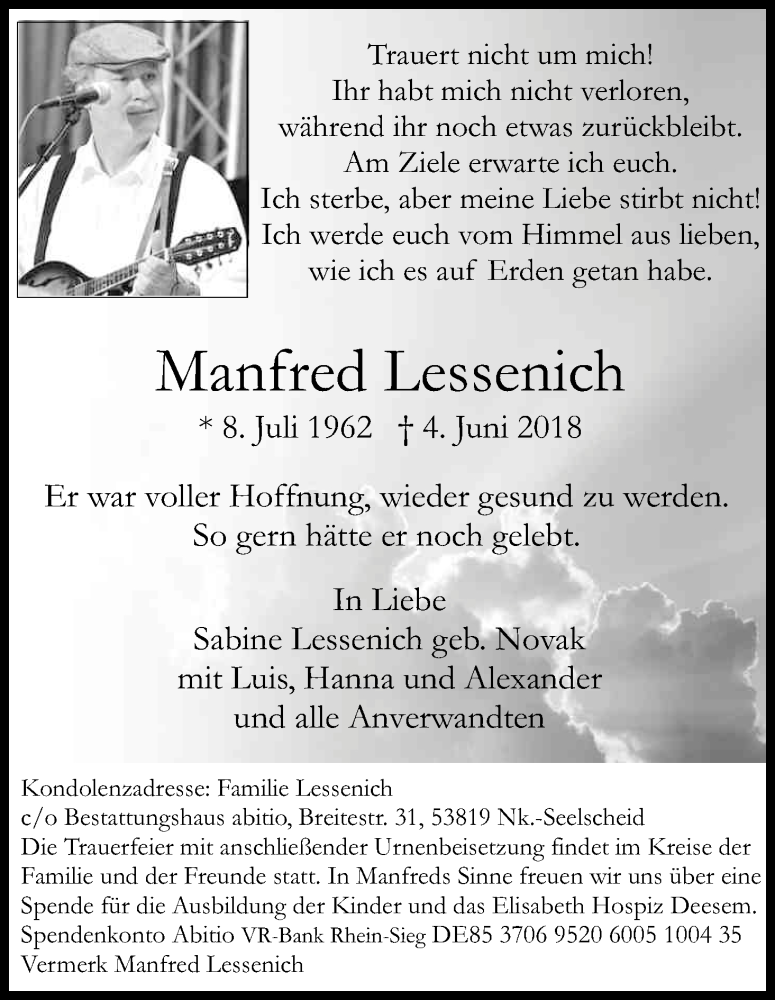  Traueranzeige für Manfred Lessenich vom 09.06.2018 aus Kölner Stadt-Anzeiger / Kölnische Rundschau / Express
